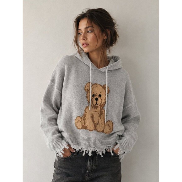 just polly Tops - Just Polly NY Teddy Bear Distressed Knit Hoodie Sweater Women’s M Gray Oversized